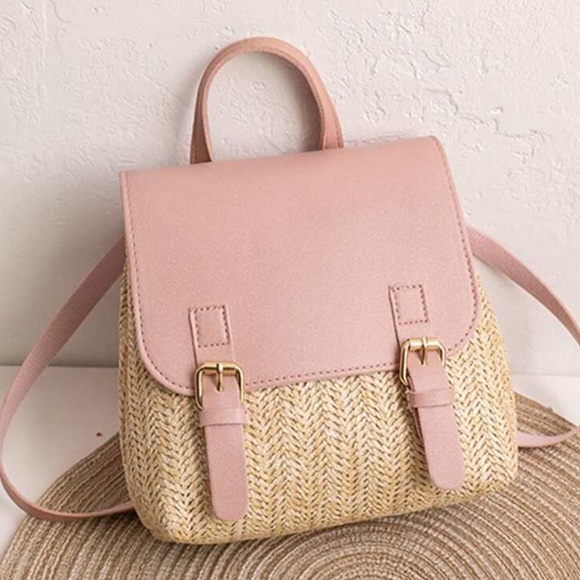 Boho Vegan Leather Straw Mini Backpack - Picture 1 of 9